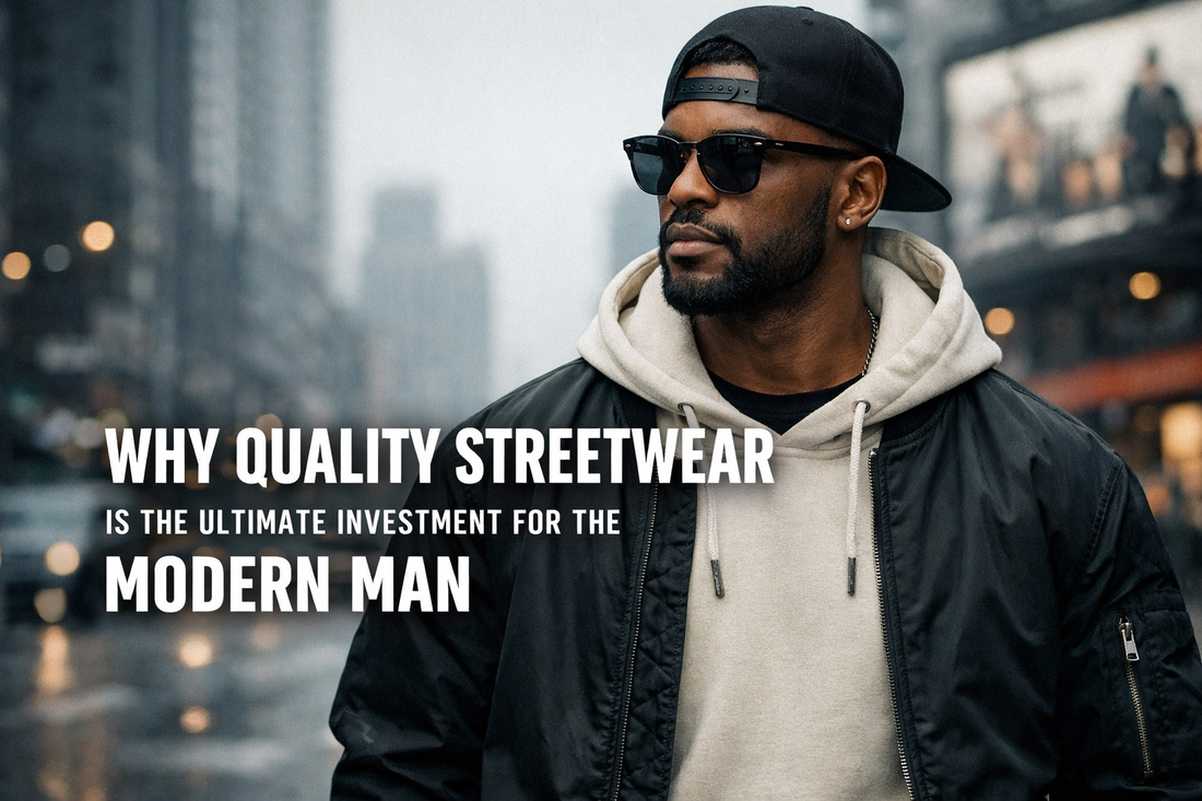Confident modern man in premium streetwear standing in an urban city setting