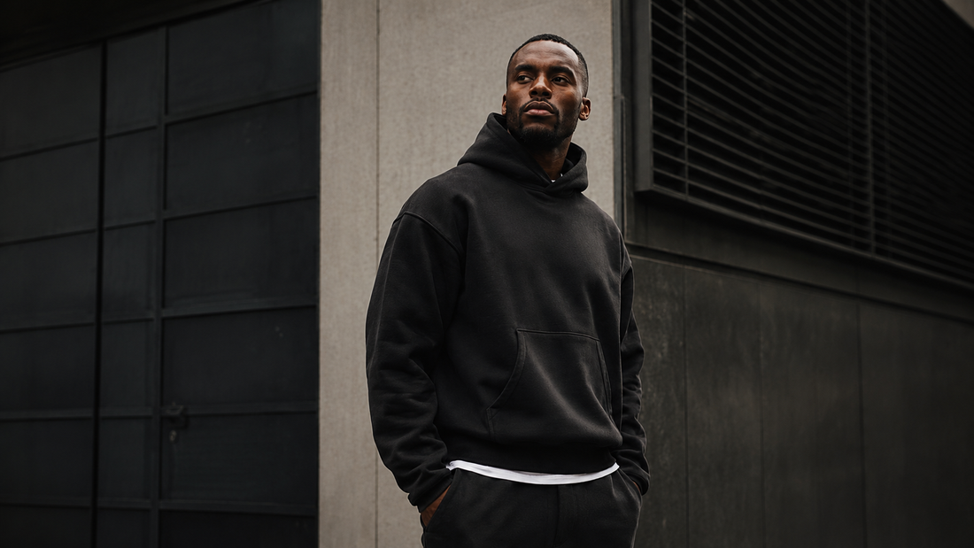 Man in black heavyweight hoodie standing confidently in an urban setting