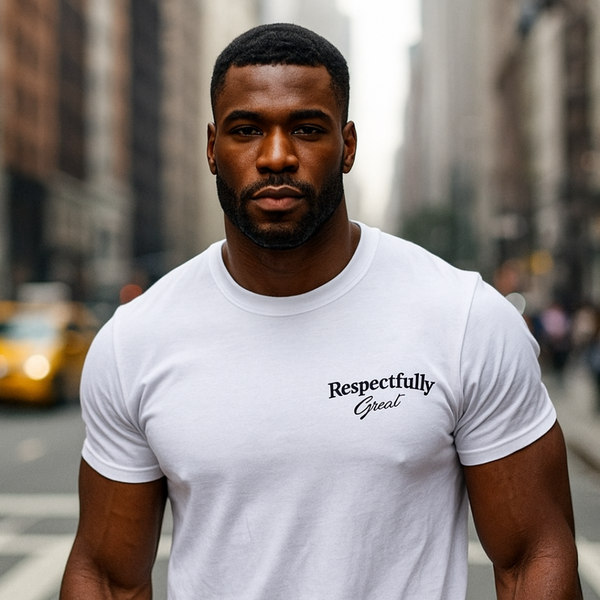 Respectfully Great white t-shirt model in NY