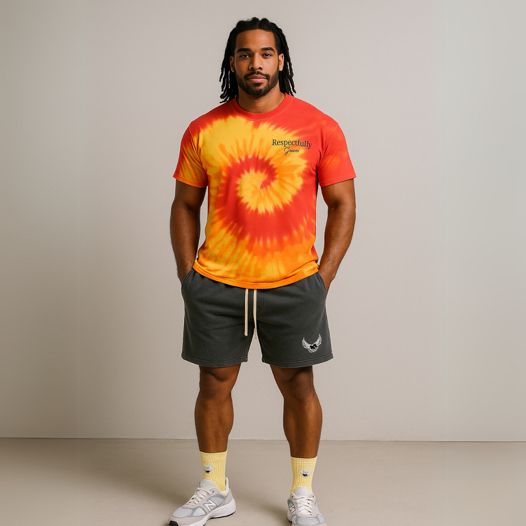 Respectfully Great Tie T-shirt Die Model with grey shorts